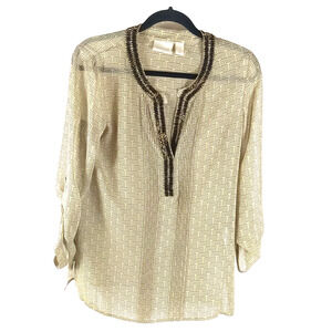Chico's Women's Tunic Shirt Size 0 Small Tan Brown Beaded Long Sleeve Sheer